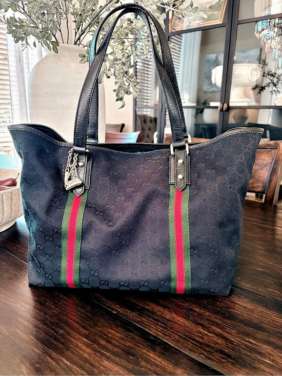 Gucci Handbags - Gucci GG Canvas Web Stripe Tote Bag in Black & Green